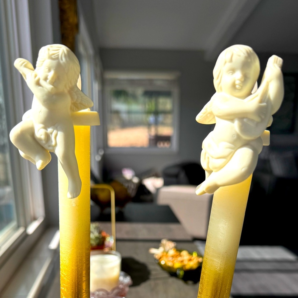 PartyLite P0190 Cherub ceramic candle followers taper candles wax catcher